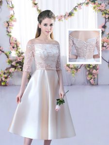 Modest Champagne Lace Up Quinceanera Court of Honor Dress Lace and Belt Half Sleeves Tea Length
