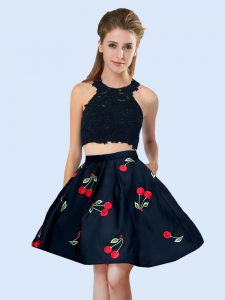 Perfect Mini Length Black Quinceanera Dama Dress Halter Top Sleeveless Lace Up