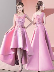 Trendy Baby Pink A-line Scoop Sleeveless Satin High Low Zipper Lace Damas Dress