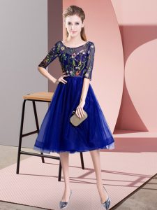 Unique Blue Scoop Lace Up Embroidery Quinceanera Court Dresses Half Sleeves
