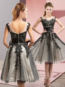 Black Tulle Zipper Quinceanera Court Dresses Sleeveless Knee Length Beading and Lace