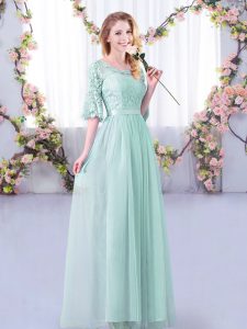 Half Sleeves Floor Length Lace and Belt Side Zipper Dama Dress for Quinceanera with Light Blue