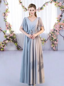 Charming Grey Empire Belt Quinceanera Dama Dress Lace Up Chiffon Short Sleeves Floor Length