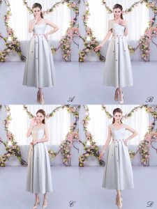 Silver Satin Lace Up Quinceanera Court of Honor Dress Sleeveless Tea Length Appliques