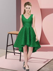 Fabulous High Low Dark Green Court Dresses for Sweet 16 V-neck Sleeveless Zipper