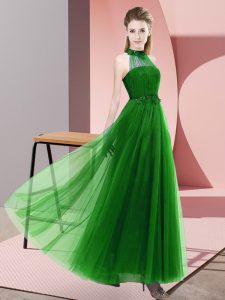 Charming Green Empire Halter Top Sleeveless Tulle Floor Length Lace Up Beading and Appliques Quinceanera Court of Honor Dress