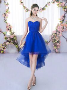 High Low Lace Up Quinceanera Court of Honor Dress Royal Blue for Wedding Party with Lace