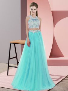 Sophisticated Aqua Blue Quinceanera Court of Honor Dress Wedding Party with Lace Halter Top Sleeveless Zipper