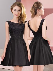 Black Satin Zipper Court Dresses for Sweet 16 Sleeveless Mini Length Lace