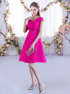 Captivating V-neck Cap Sleeves Lace Up Quinceanera Court of Honor Dress Hot Pink Lace
