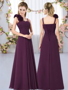 Clearance Sleeveless Floor Length Hand Made Flower Lace Up Quinceanera Court of Honor Dress with Dark Purple