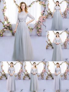 Perfect Grey Half Sleeves Tulle Zipper Dama Dress for Quinceanera for Wedding Party