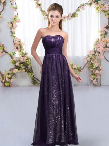Great Sweetheart Sleeveless Quinceanera Court of Honor Dress Floor Length Sequins Dark Purple Chiffon and Sequined