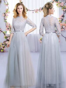 Fashionable Half Sleeves Tulle Floor Length Zipper Vestidos de Damas in Grey with Lace and Belt