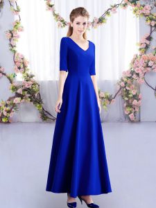 V-neck Half Sleeves Quinceanera Court of Honor Dress Ankle Length Ruching Royal Blue Satin