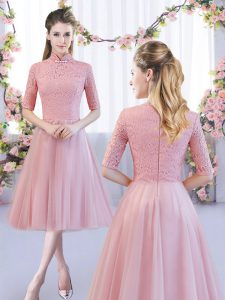 Pink Court Dresses for Sweet 16 Wedding Party with Lace High-neck Half Sleeves Zipper