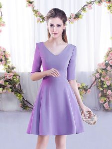 Lavender A-line V-neck Half Sleeves Chiffon Mini Length Zipper Ruching Dama Dress