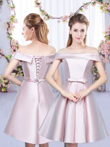 Off The Shoulder Sleeveless Quinceanera Dama Dress Floor Length Bowknot Baby Pink Satin