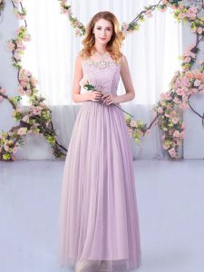 Custom Made Floor Length Lavender Quinceanera Dama Dress Tulle Sleeveless Lace and Belt