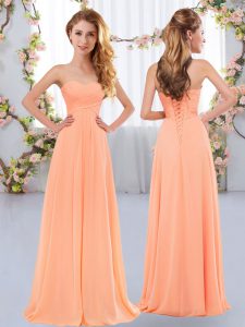 Decent Peach Chiffon Lace Up Court Dresses for Sweet 16 Sleeveless Floor Length Ruching