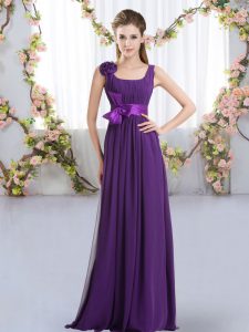 Sweet Purple Sleeveless Belt and Hand Made Flower Floor Length Dama Dress for Quinceanera