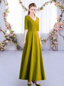 Olive Green Zipper V-neck Ruching Damas Dress Satin Half Sleeves