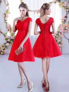 Red Lace Up V-neck Lace Dama Dress for Quinceanera Lace Cap Sleeves