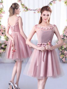 Pink Tulle Lace Up Scoop Sleeveless Knee Length Court Dresses for Sweet 16 Appliques and Belt
