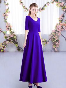 Satin V-neck Half Sleeves Zipper Ruching Dama Dress for Quinceanera in Purple