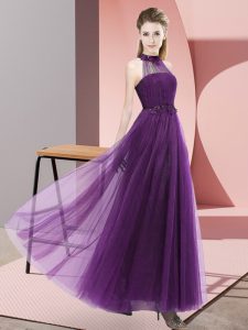 Beading and Appliques Court Dresses for Sweet 16 Dark Purple Lace Up Sleeveless Floor Length