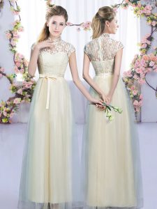 Eye-catching Champagne Tulle Zipper High-neck Cap Sleeves Floor Length Quinceanera Dama Dress Lace and Bowknot