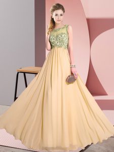Romantic Peach Empire Scoop Sleeveless Chiffon Floor Length Backless Beading and Appliques Quinceanera Court of Honor Dress