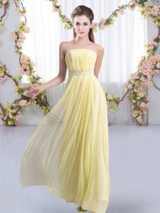Yellow Chiffon Lace Up Strapless Sleeveless Quinceanera Court Dresses Sweep Train Beading