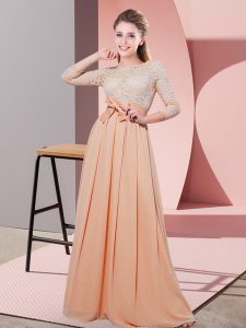 Glorious Peach Side Zipper Scoop Lace and Belt Quinceanera Court of Honor Dress Chiffon 3 4 Length Sleeve