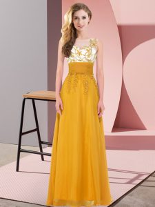 Inexpensive Gold Empire Chiffon Scoop Sleeveless Appliques Floor Length Backless Quinceanera Court Dresses