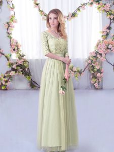 Yellow Green Side Zipper Quinceanera Court of Honor Dress Lace and Belt Half Sleeves Floor Length