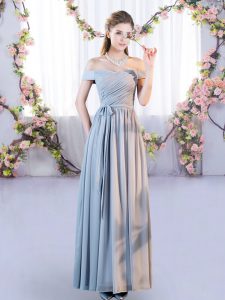 Sleeveless Chiffon Floor Length Lace Up Dama Dress in Grey with Belt