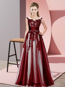 Beauteous Burgundy Tulle Zipper Scoop Sleeveless Floor Length Quinceanera Court of Honor Dress Beading and Lace