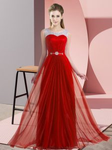 Best Selling Floor Length Red Quinceanera Court of Honor Dress Chiffon Sleeveless Beading