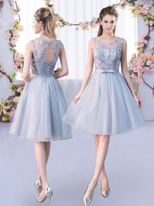 Exceptional Grey Empire Tulle Scoop Sleeveless Lace and Belt Knee Length Lace Up Quinceanera Court Dresses
