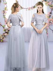 Latest Grey Sleeveless Lace and Belt Floor Length Dama Dress for Quinceanera