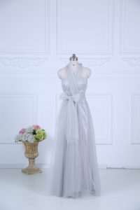 Custom Fit Grey Tulle Zipper Halter Top Sleeveless Floor Length Quinceanera Court of Honor Dress Ruching