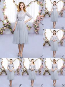 Glamorous Grey Court Dresses for Sweet 16 Wedding Party with Lace and Belt High-neck Half Sleeves Zipper