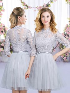 Adorable Grey Empire Tulle High-neck Half Sleeves Lace and Belt Mini Length Zipper Dama Dress