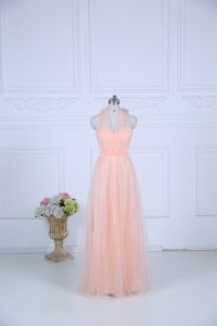 Glittering Peach Empire Tulle Halter Top Sleeveless Ruching Floor Length Zipper Quinceanera Court Dresses