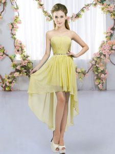Edgy Yellow Empire Sweetheart Sleeveless Chiffon High Low Lace Up Beading Dama Dress for Quinceanera