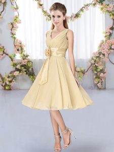 Champagne V-neck Neckline Hand Made Flower Quinceanera Court Dresses Sleeveless Lace Up