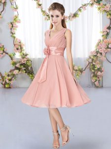 Shining V-neck Sleeveless Lace Up Quinceanera Court Dresses Pink Chiffon