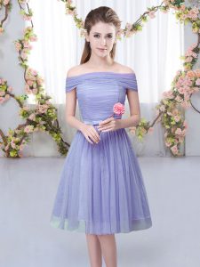 Empire Quinceanera Court of Honor Dress Lavender Off The Shoulder Tulle Short Sleeves Knee Length Lace Up