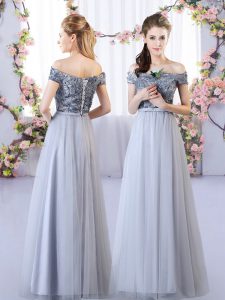 Floor Length Grey Dama Dress for Quinceanera Off The Shoulder Sleeveless Lace Up
